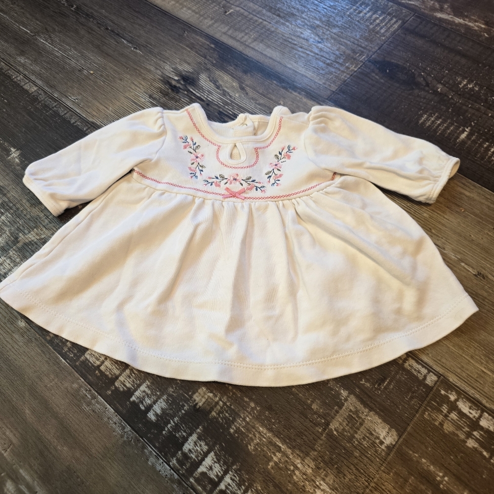 Little Me Cream Dress with Pink Floral Embroidery